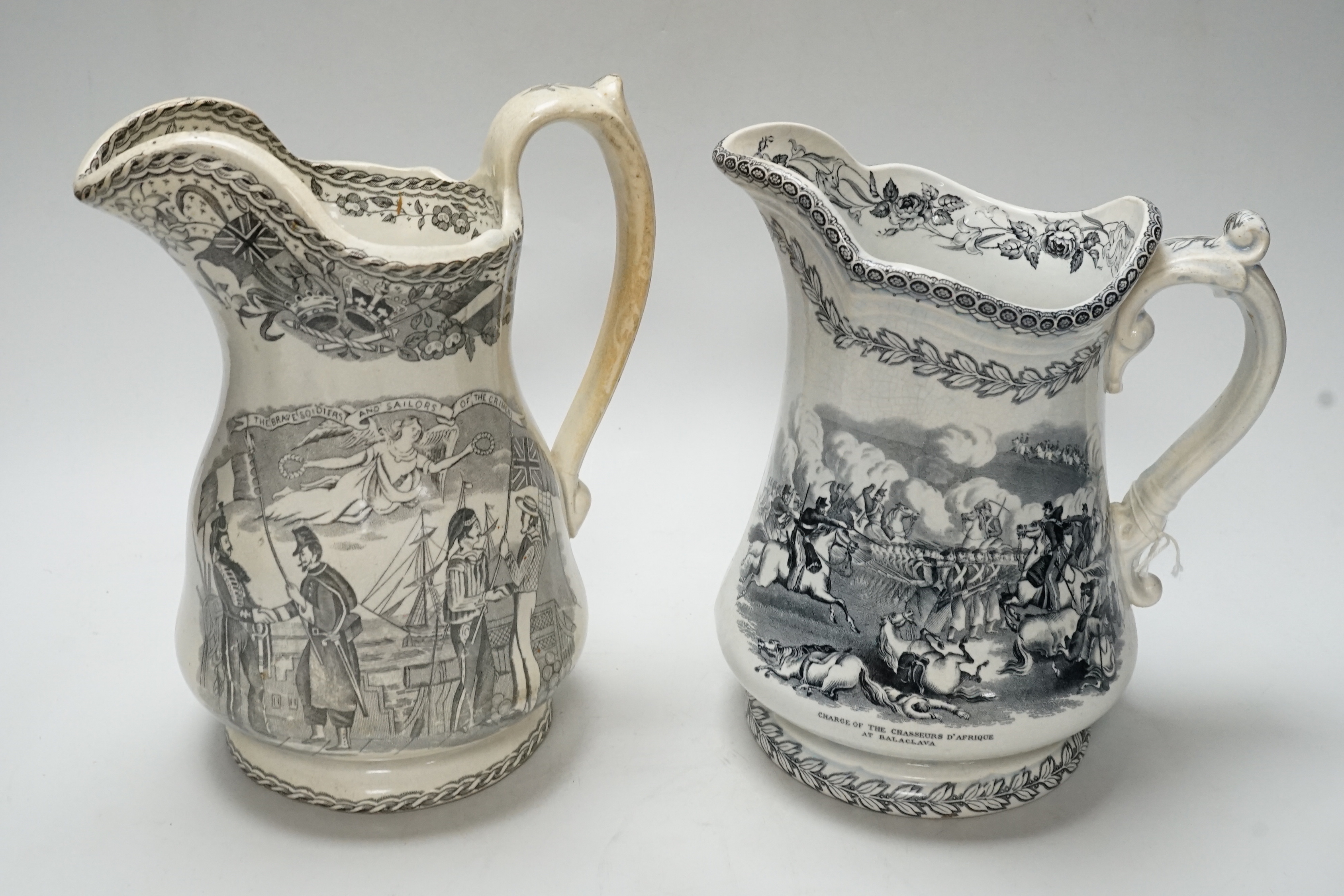 Three Crimean war commemorative stone china jugs, c.1856, tallest 22cm (3)